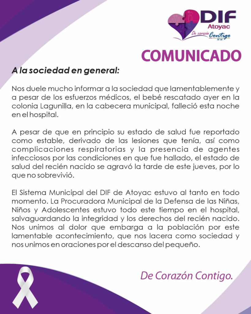 Muere el bebé arrojado a canal en Atoyac