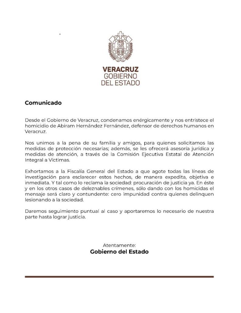 Condena Gobierno de Veracruz homicidio del activista Abiram Hernández Fernández