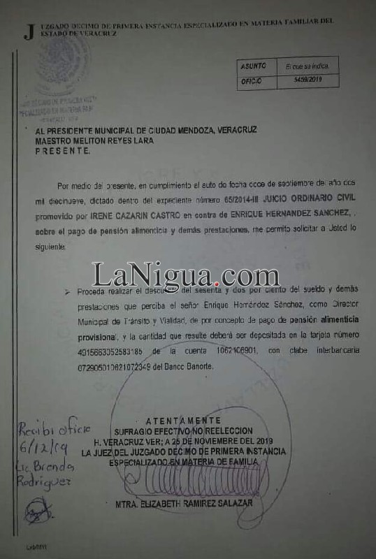 ORDENA JUEZA DESCUENTO DE PENSIÓN ALIMENTICIA A DIRECTOR DE TRÁNSITO