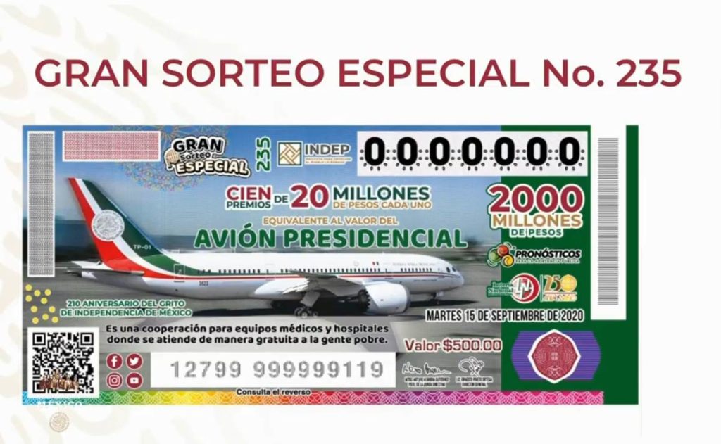 Lista ordenada de los números de la rifa del avión presidencial