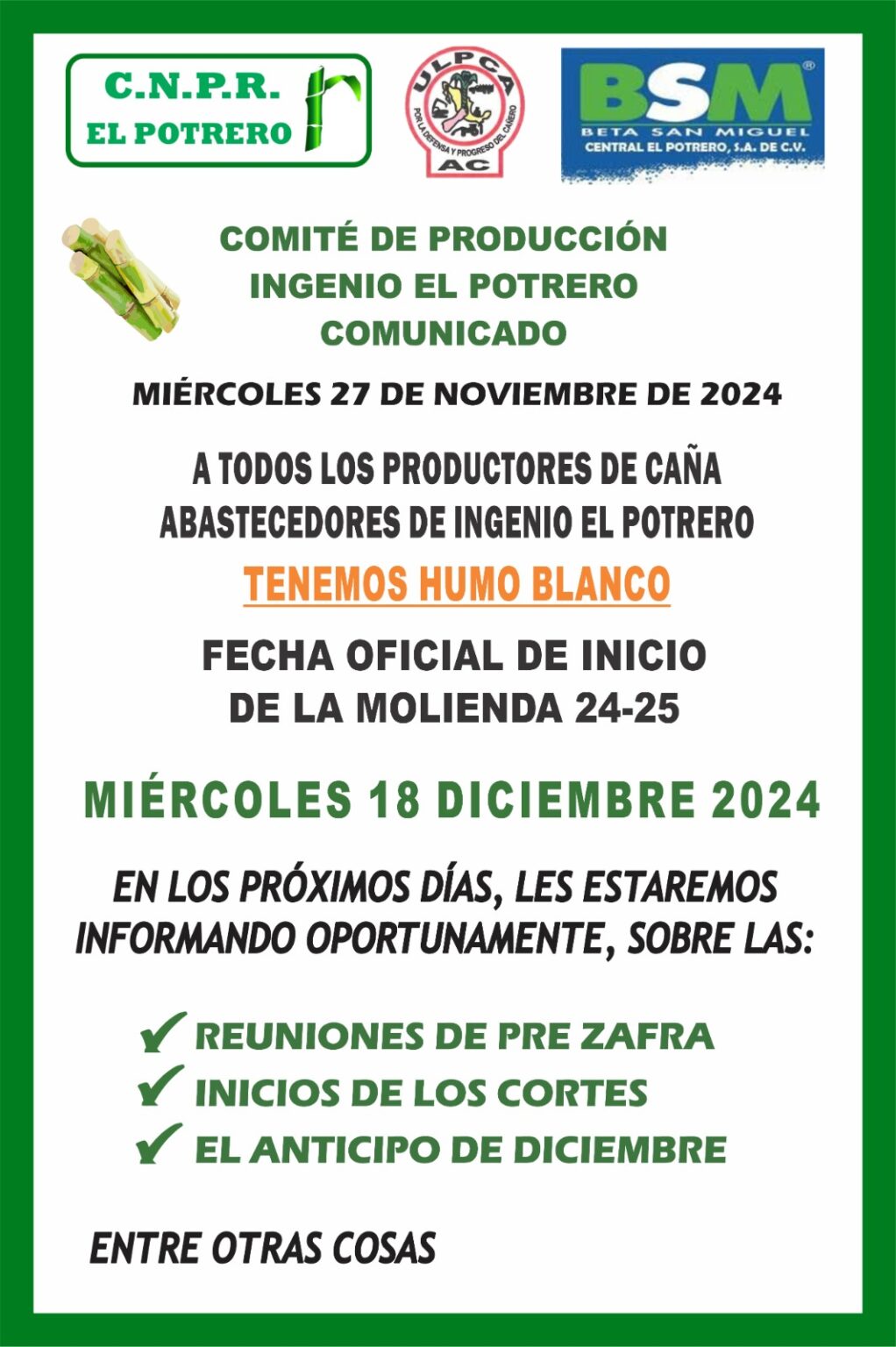 Confirman inicio de zafra 2024-2025 en el Ingenio El Potrero