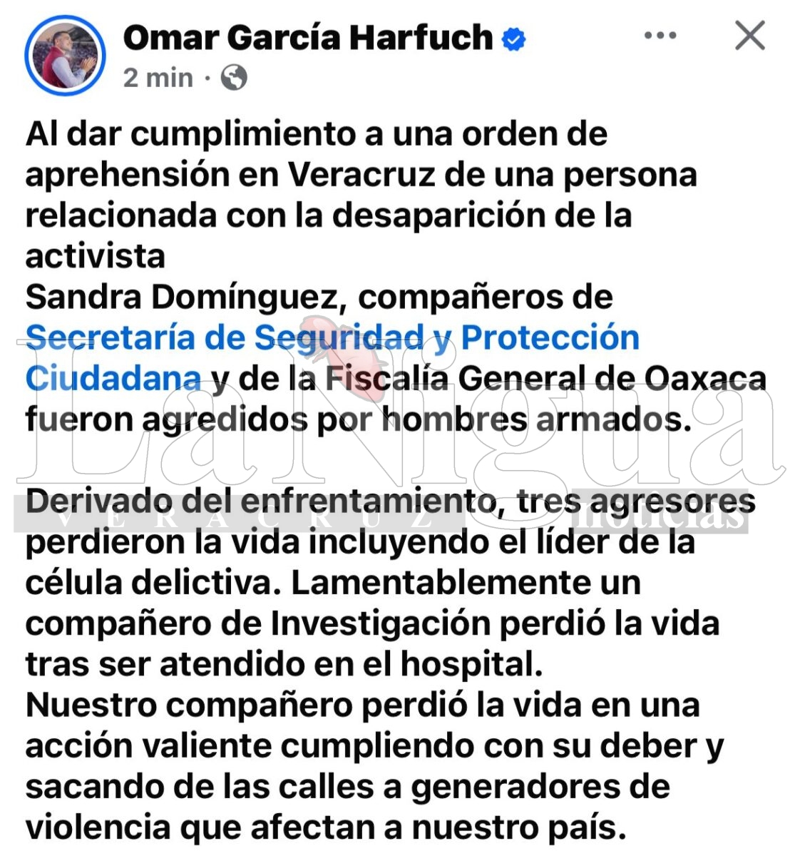 Confirma Omar García Harfuch la muerte de un agente federal tras enfrentamiento en Oaxaca-Veracruz