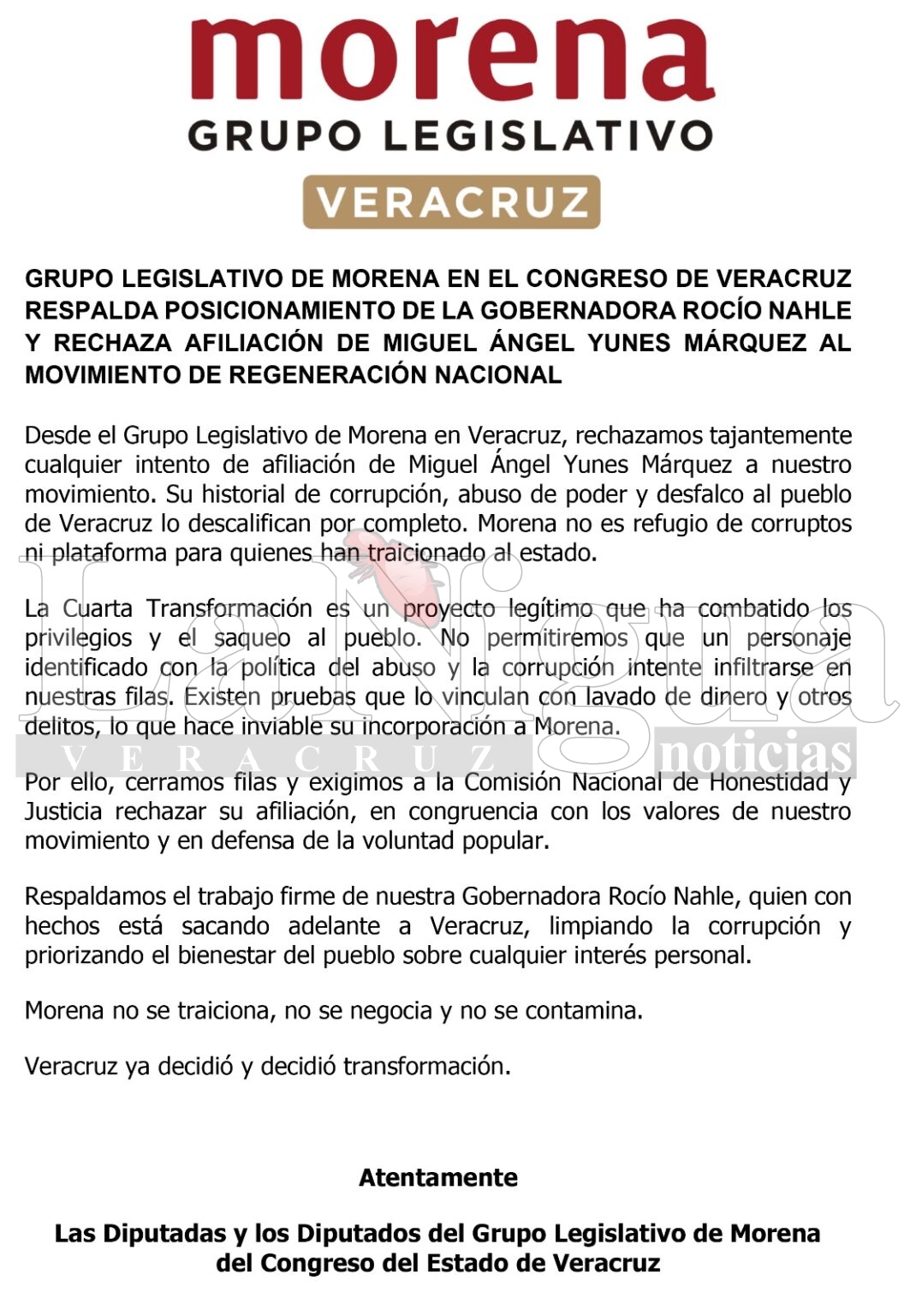 ¡No a la afiliación de Miguel Ángel Yunes Márquez!; rechaza Grupo Legislativo de Morena en Veracruz