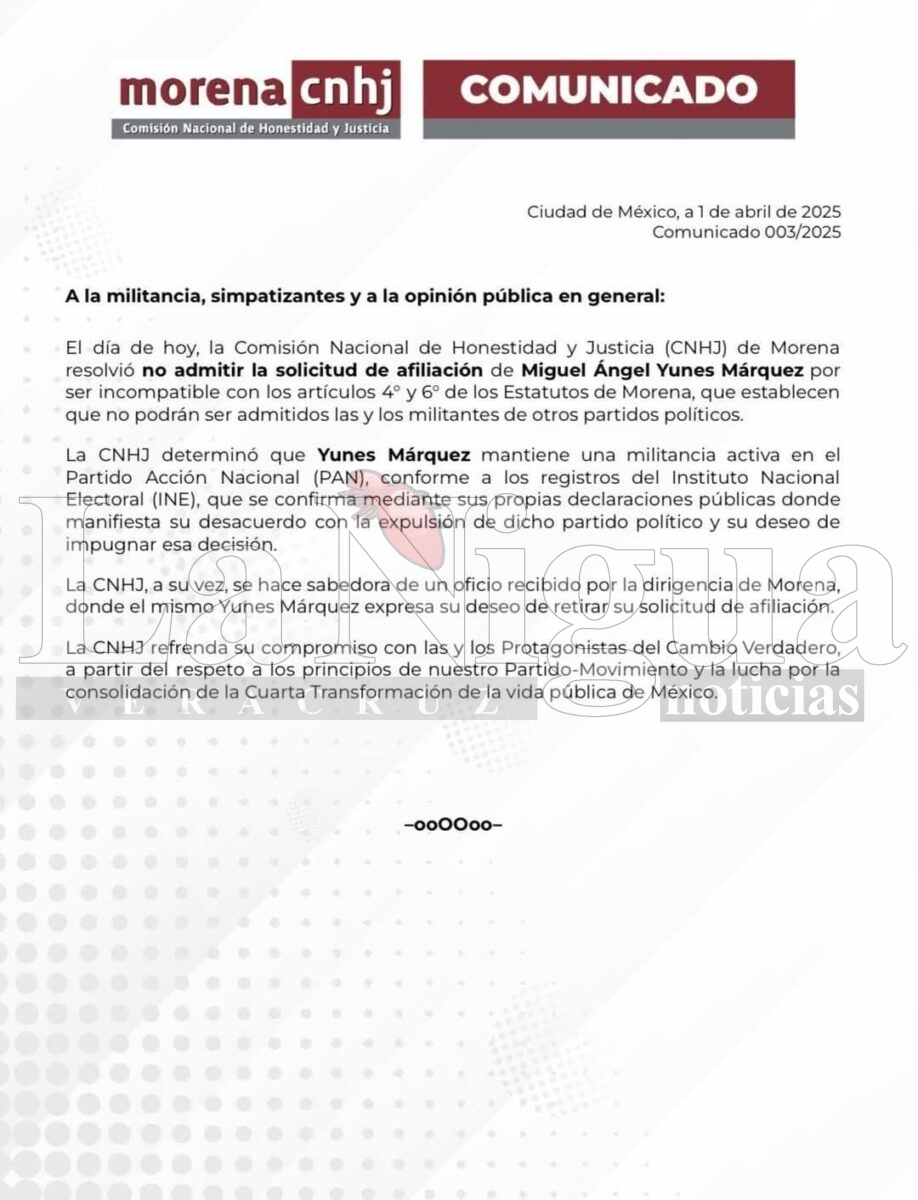 Morena rechaza la afiliación de Miguel Ángel Yunes Márquez por militancia en el PAN