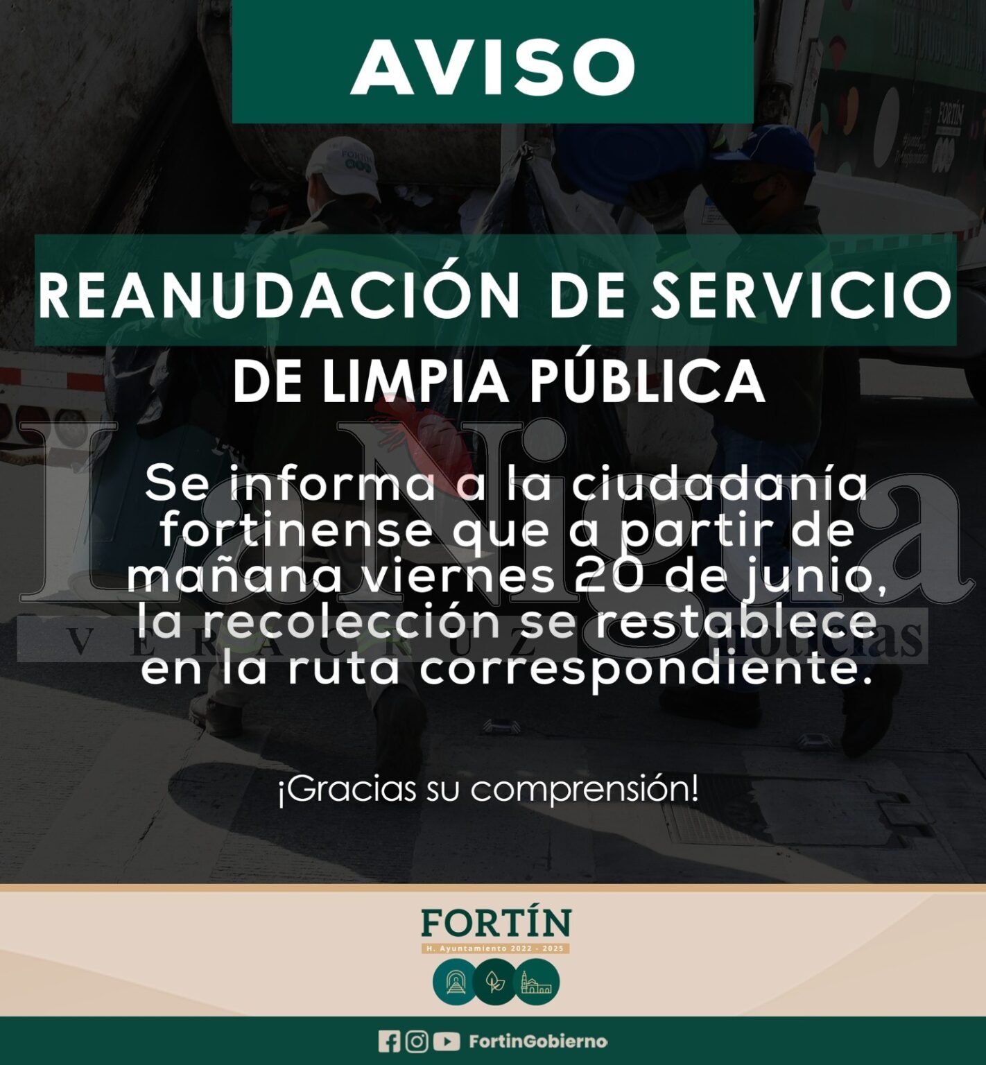 Se reanuda el servicio de recolección de basura este viernes 20