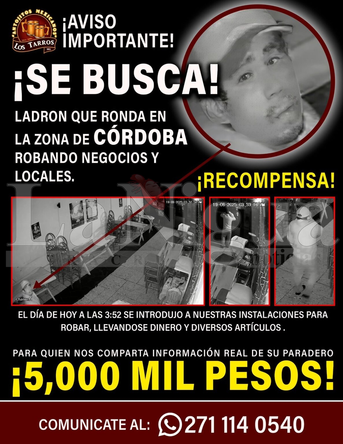 Delincuente roba más de 16 mil pesos en restaurante de San José; piden apoyo para identificarlo.