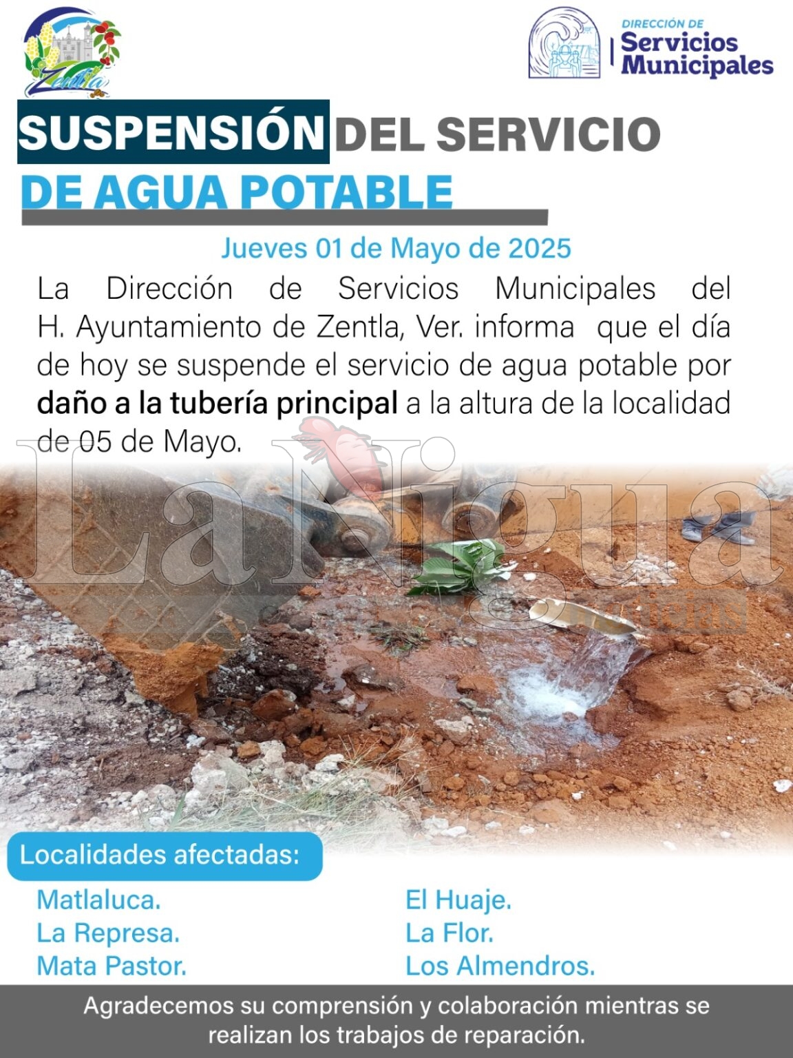 Suspenden servicio de agua potable en varias localidades de Zentla por daño en la tubería principal WhatsApp Image 2025 06 04 at 12.00.55 1