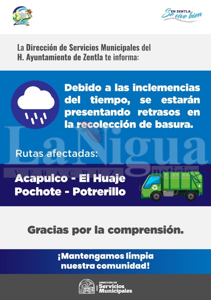 Retrasos en la recolección de basura en Zentla por condiciones climatológicas