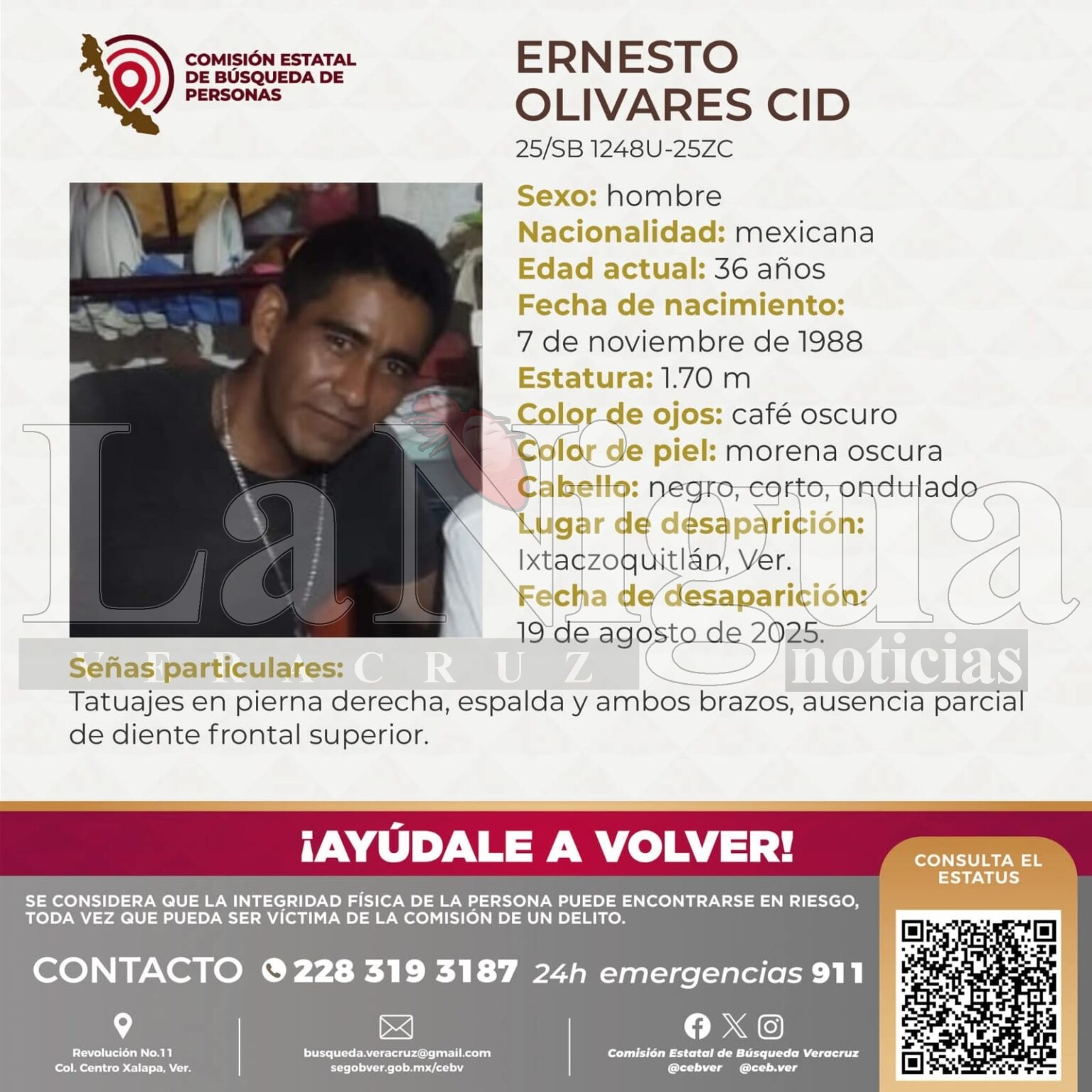Piden apoyo para localizar a Ernesto Olivares Cid