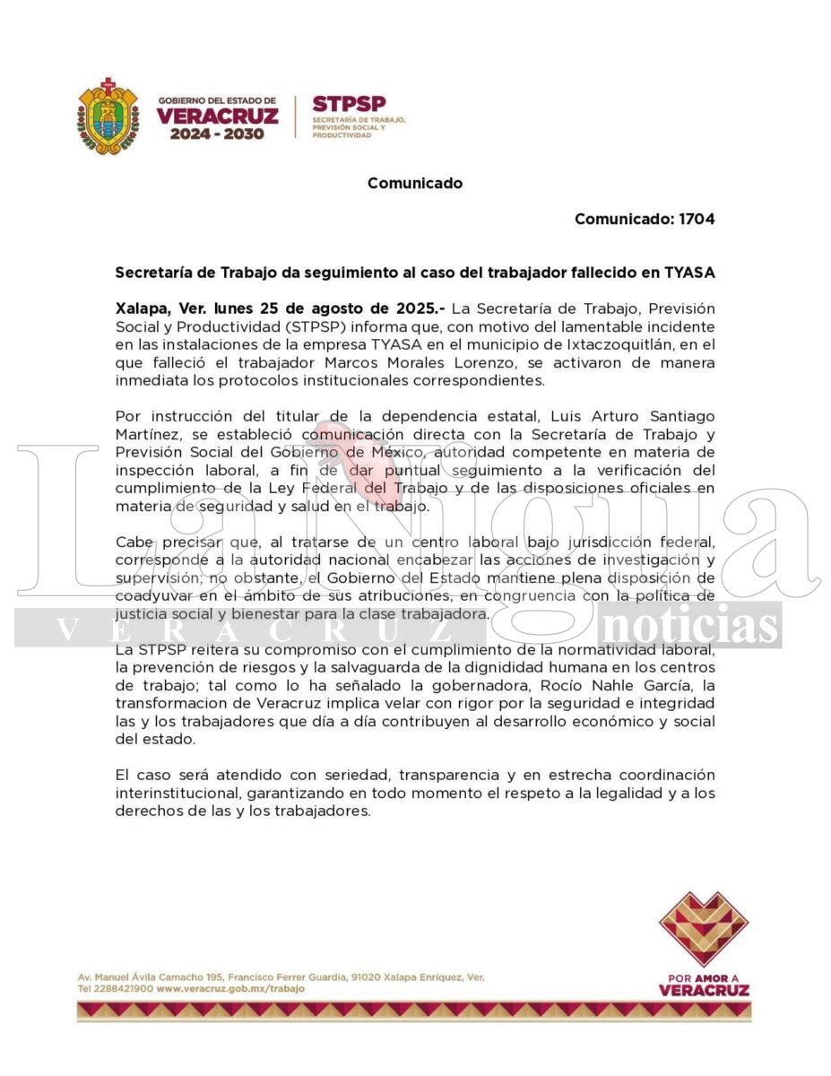Secretaría de Trabajo da seguimiento al caso de trabajador fallecido en TYASA, Ixtaczoquitlán 1 fb img 17561681912497285245113604448741