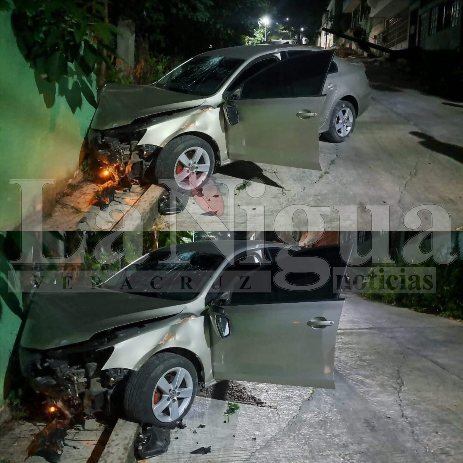 Vehículo dañado tras chocar con dos viviendas