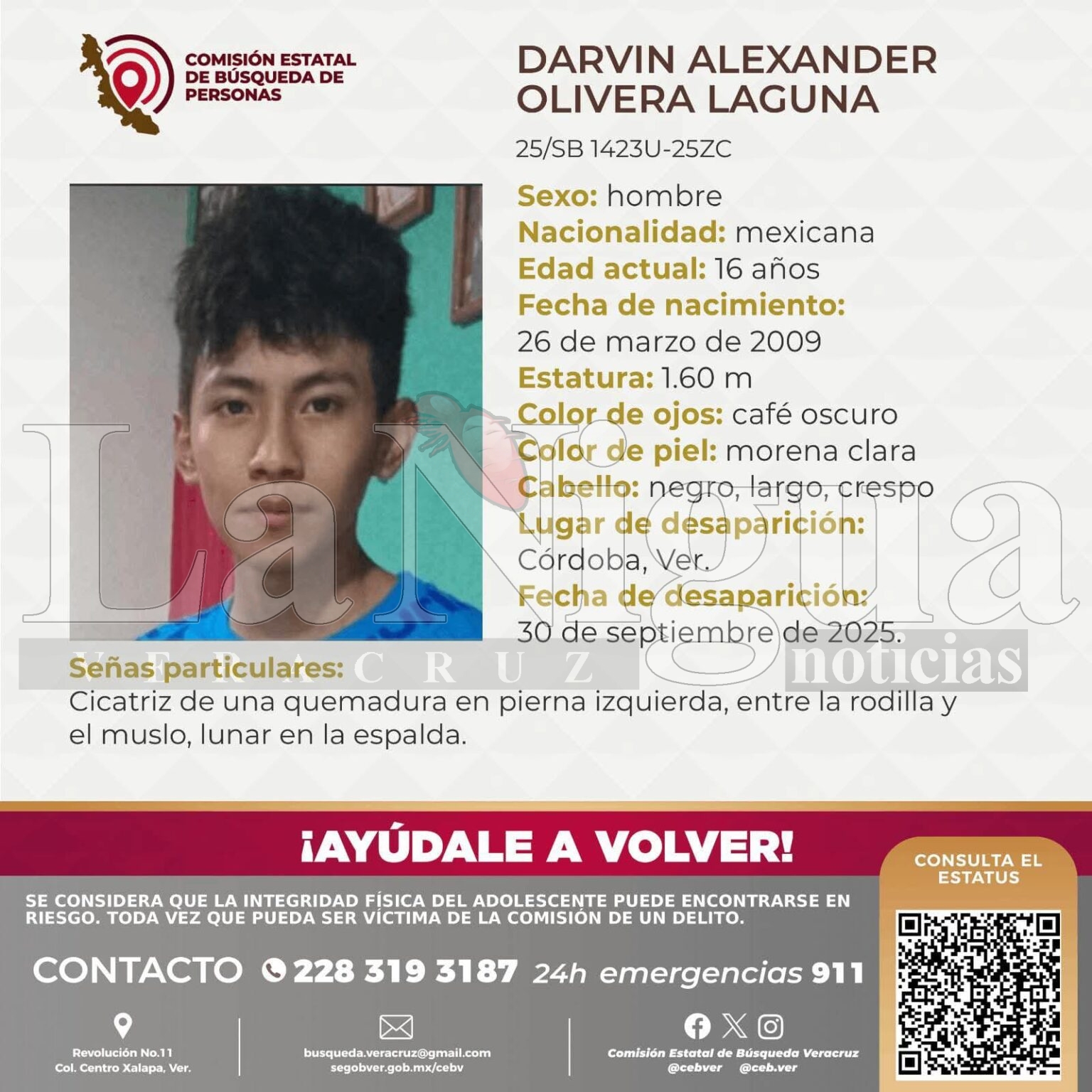 Piden ayuda para localizar a un adolescente reportado desaparecido en Córdoba.