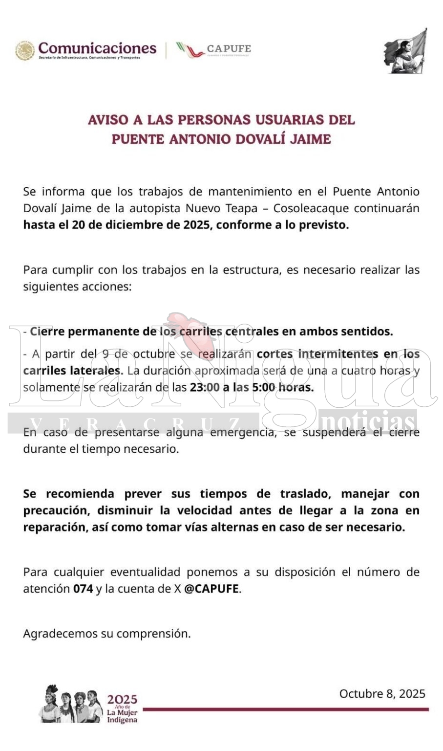 CAPUFE informa continuidad de trabajos de mantenimiento en el Puente Antonio Dovalí Jaime