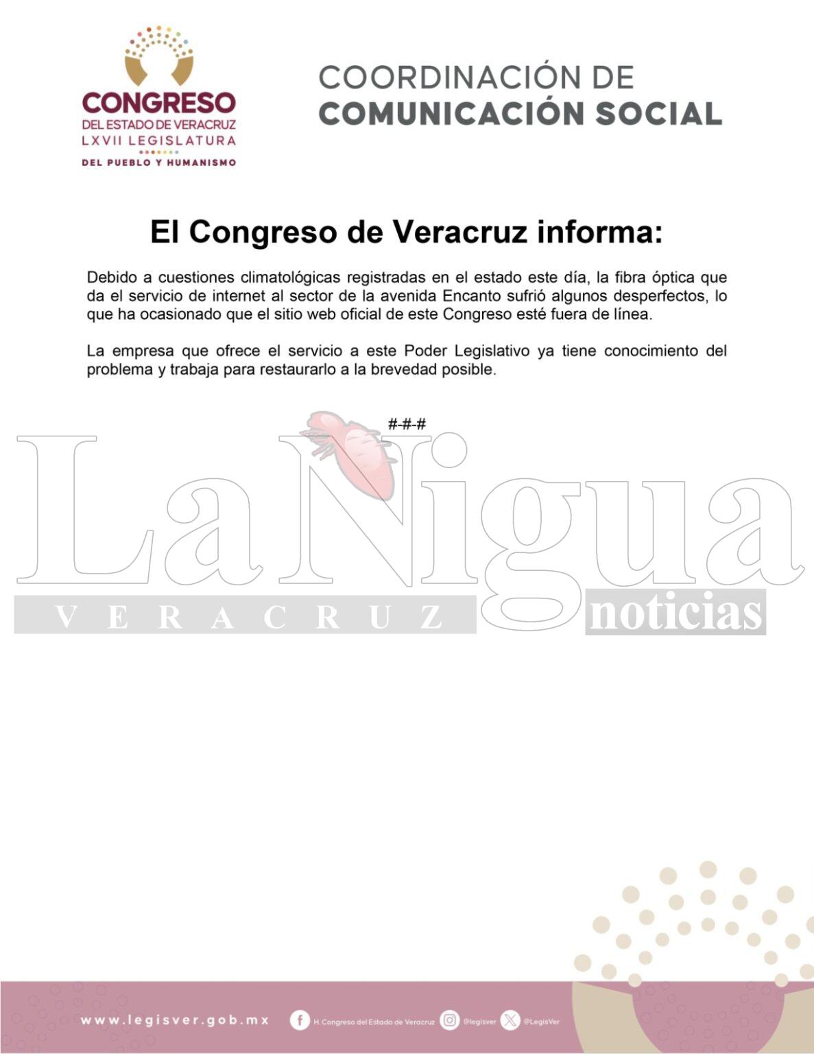 Falla en el servicio de internet afecta el sitio web del Congreso de Veracruz