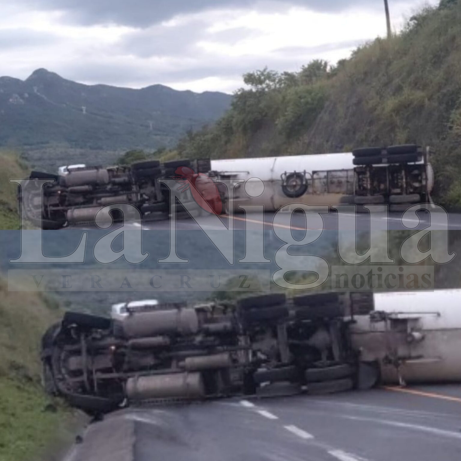 Cerrada, la autopista Totomoxtle a Cardel, por volcadura de un doble remolque con GAS LP