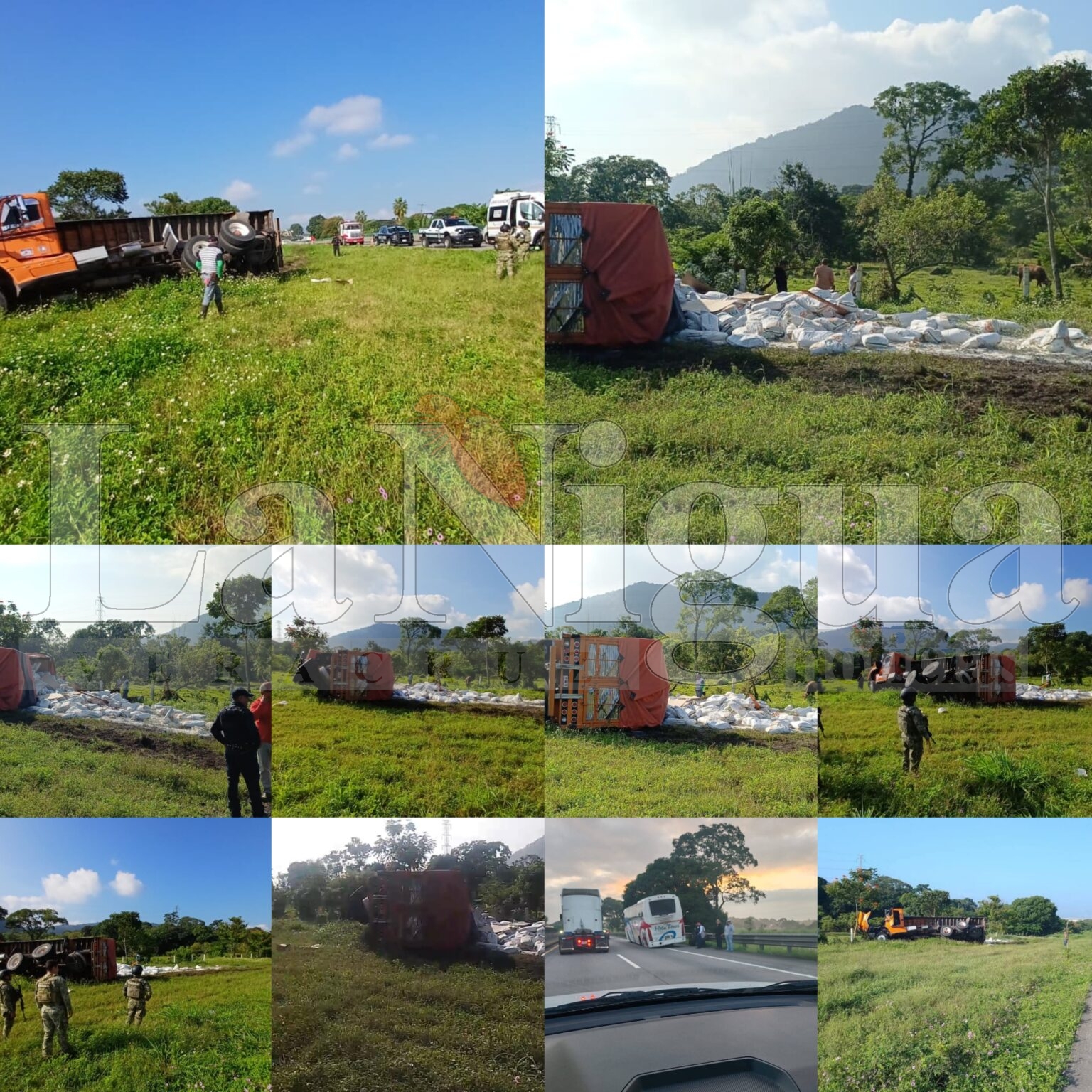Camión con carga de harina vuelca en la autopista; sólo daños materiales