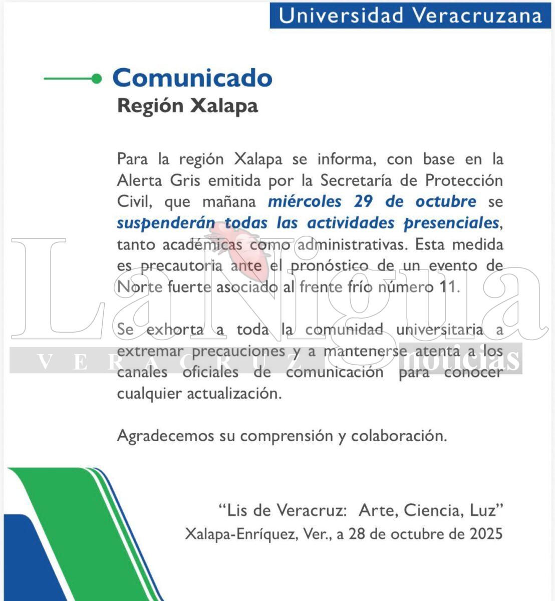 UV suspende actividades presenciales en la región Xalapa por Alerta Gris emitida por Protección Civil