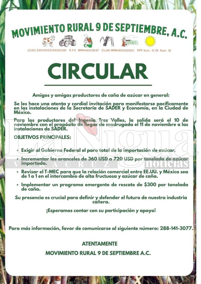 Productores cañeros de Tres Valles se sumarán a movilización nacional en la Ciudad de México