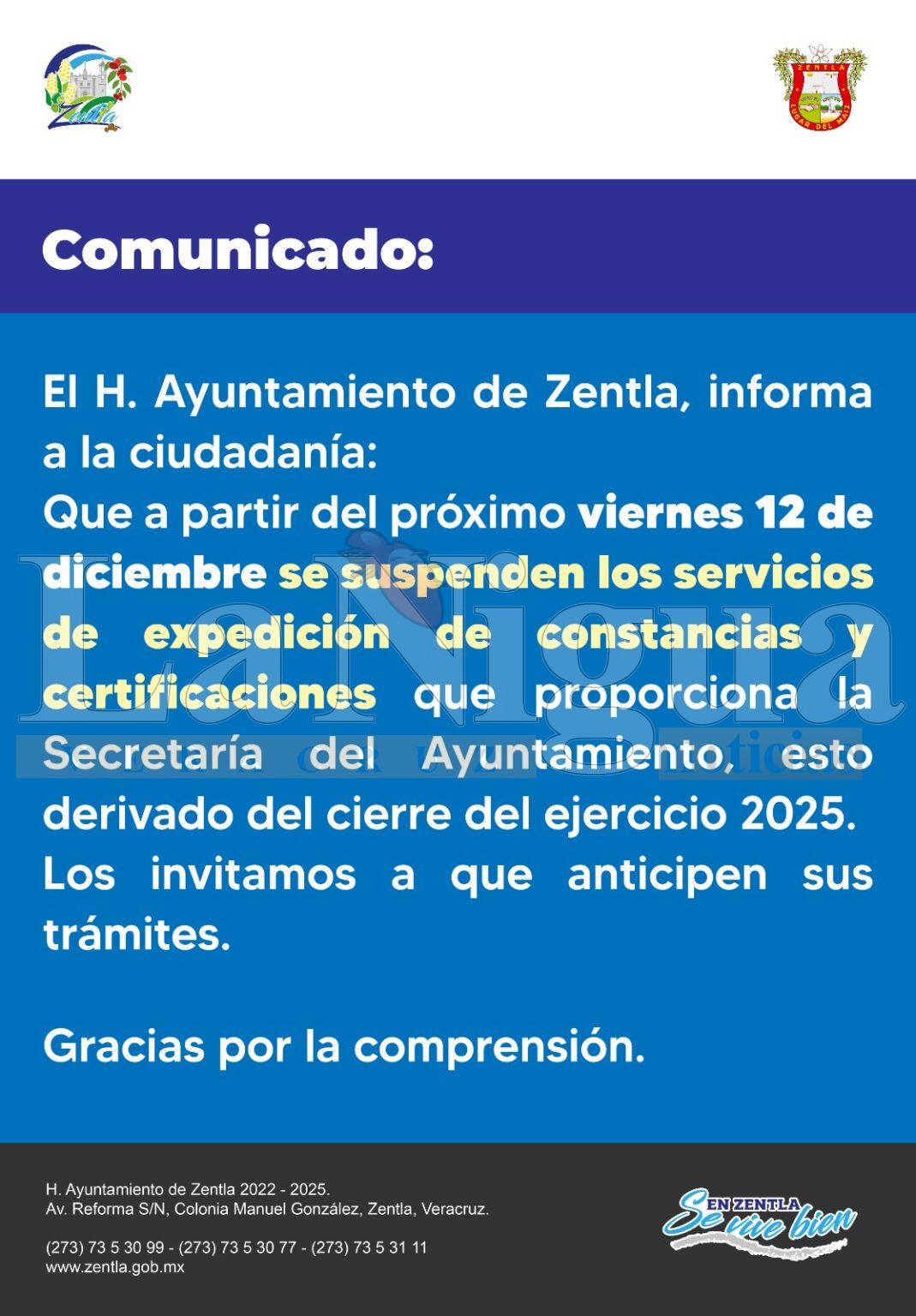 Ayuntamiento de Zentla suspenderá expedición de constancias y certificaciones a partir del 12 de diciembre