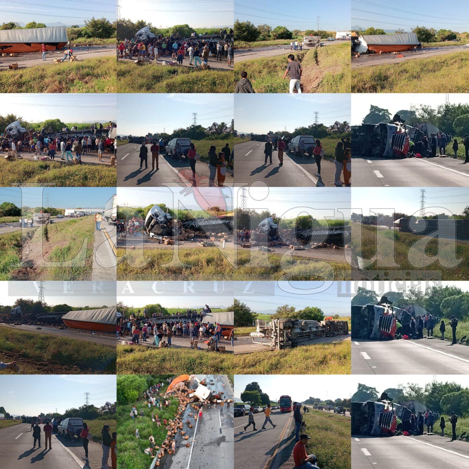 Aún con el cuerpo tibio del chofer fallecido, lugareños rapiñan la cerveza del tráiler accidentado, entre Cuitláhuac y La Tinaja