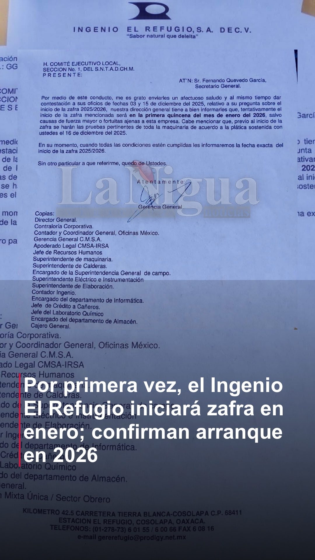 Por primera vez, el Ingenio El Refugio iniciará zafra en enero; confirman arranque en 2026