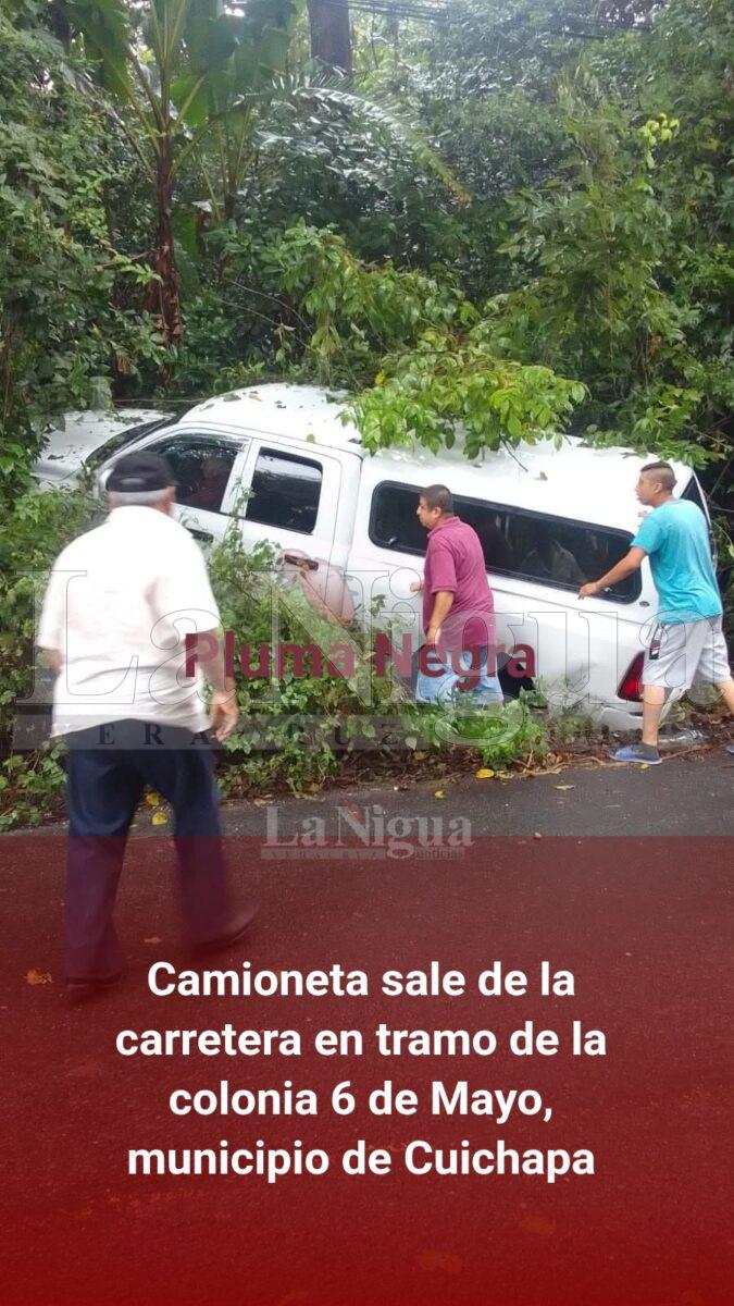 Camioneta sale de la carretera en tramo de la colonia 6 de Mayo, municipio de Cuichapa