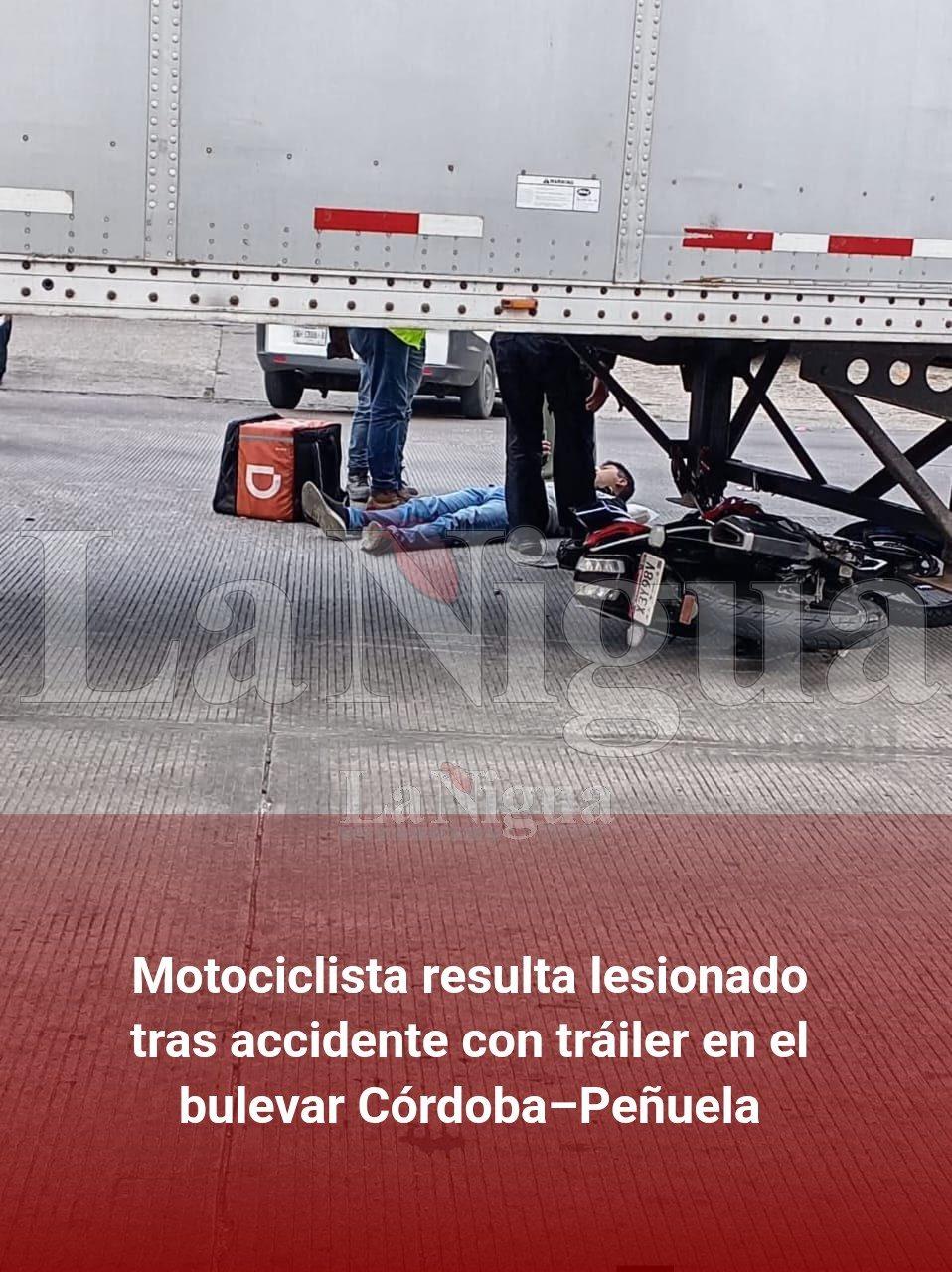 Motociclista resulta lesionado tras accidente con tráiler en el bulevar Córdoba–Peñuela