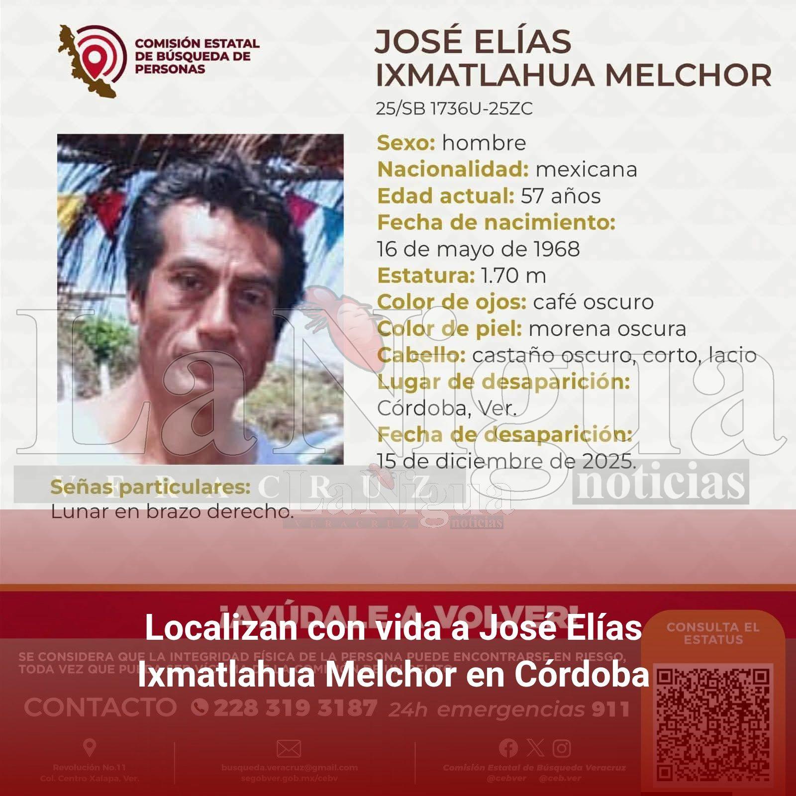 Localizan con vida a José Elías Ixmatlahua Melchor en Córdoba