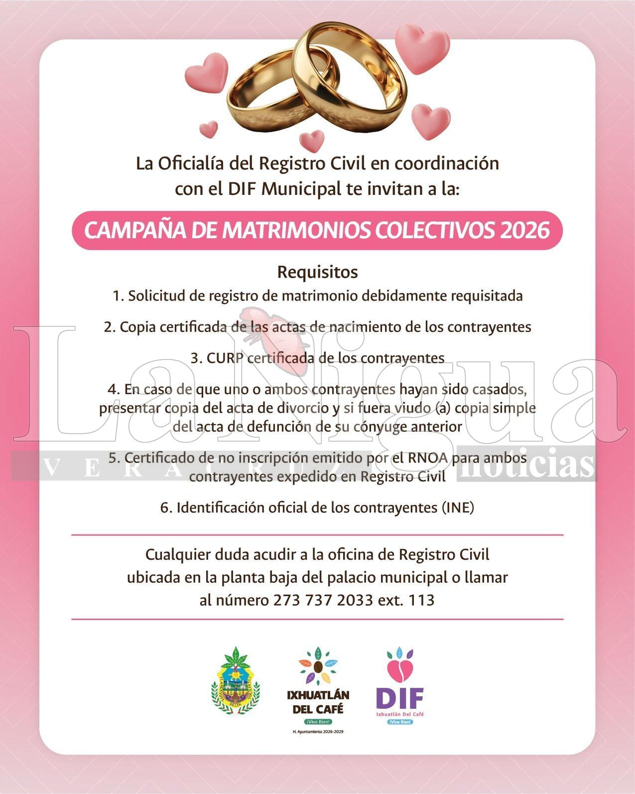 INVITAN A MATRIMONIOS COLECTIVOS EN IXHUATLÁN DEL CAFÉ