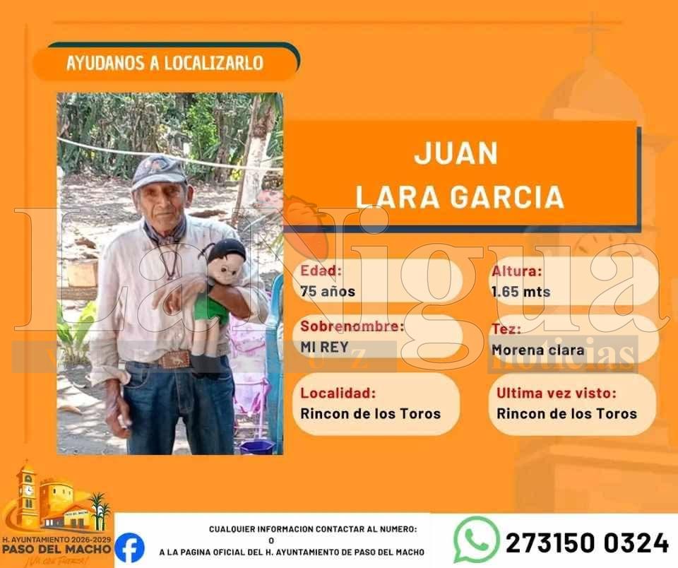 Solicitan apoyo ciudadano para localizar a adulto mayor desaparecido en Paso del Macho