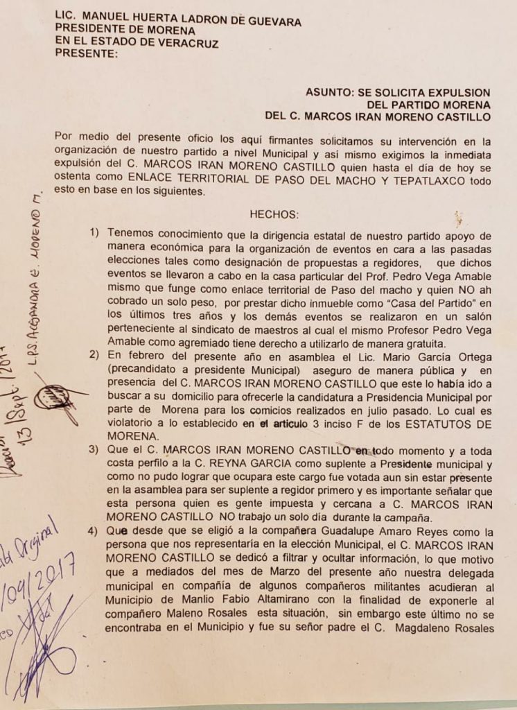 Filtran denuncia vs aspirante de Morena en Paso del Macho