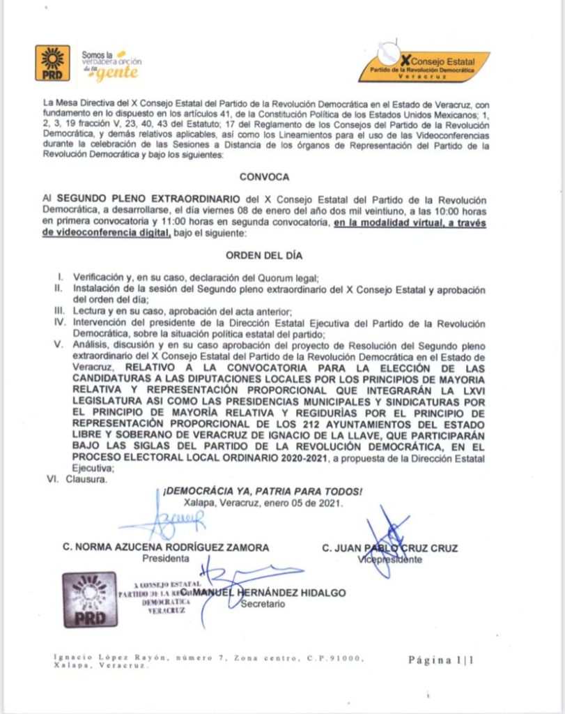 Partido de la Revolución Democrática dio a conocer la convocatoria al II Pleno Extraordinario del X Consejo Estatal