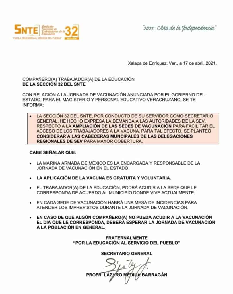 Demanda SNTE a SEV ampliar sedes de vacunación para maestros