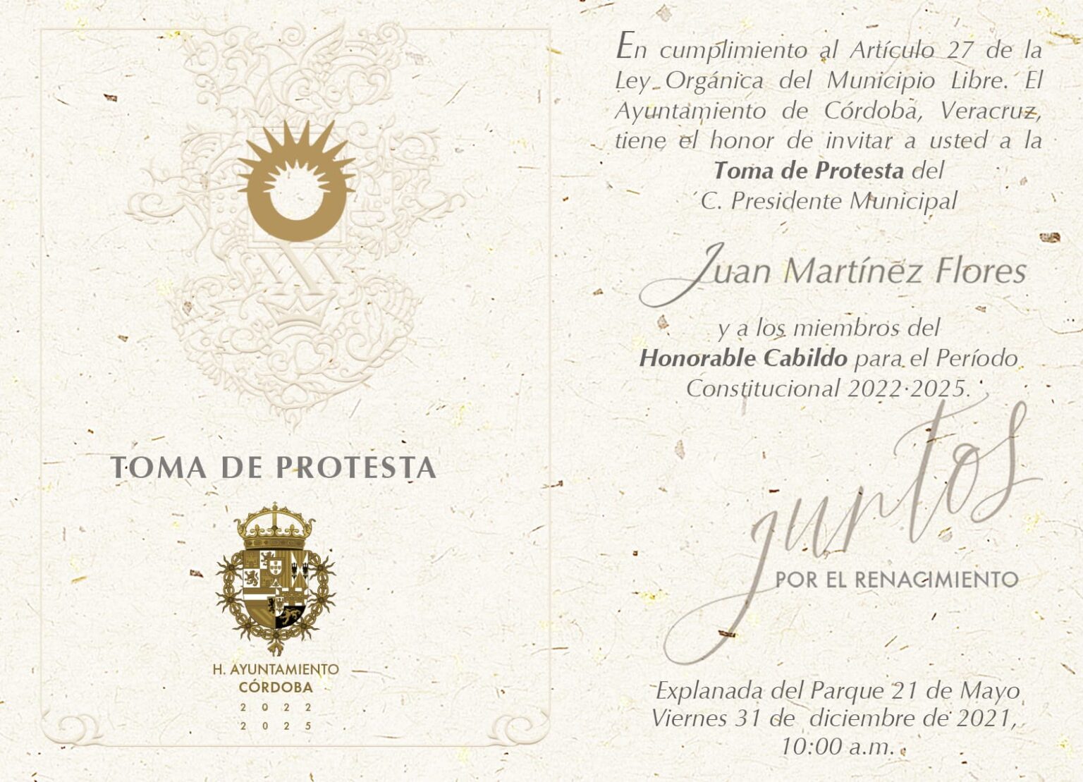 Tomará protesta Juan Martínez Flores como Presidente Municipal de Córdoba.