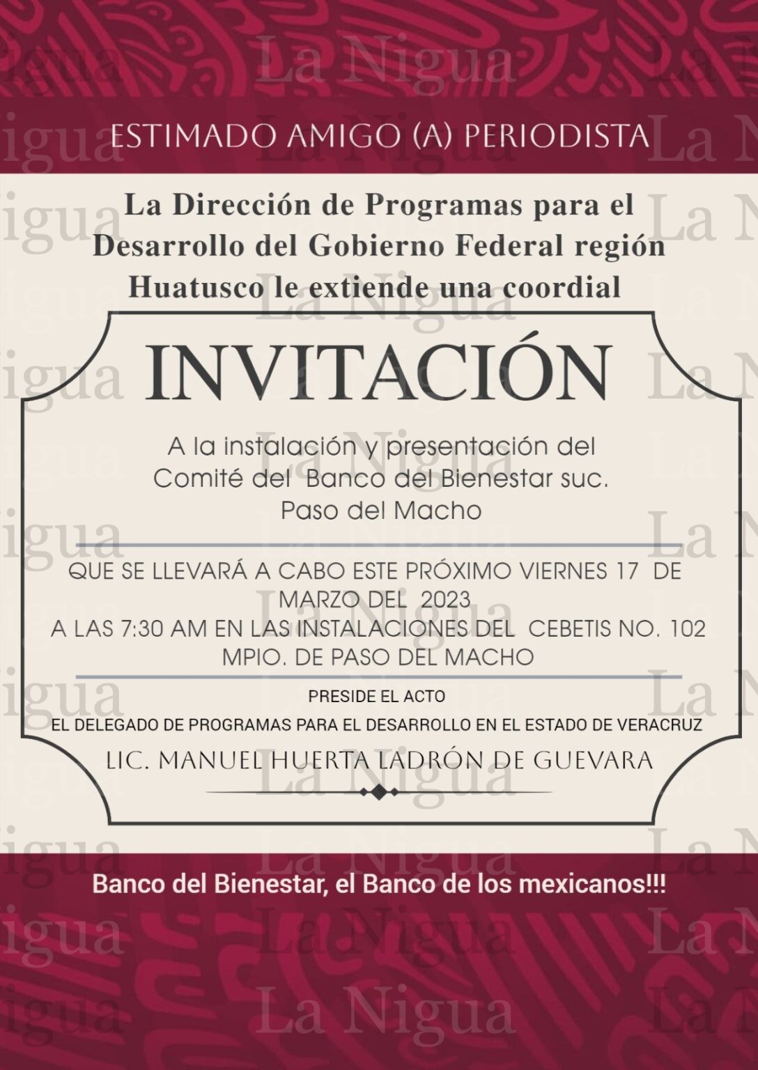 Inaugurarán Banco de Bienestar en Paso del Macho