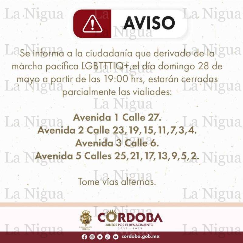 Habrá cierre de vialidades por marcha