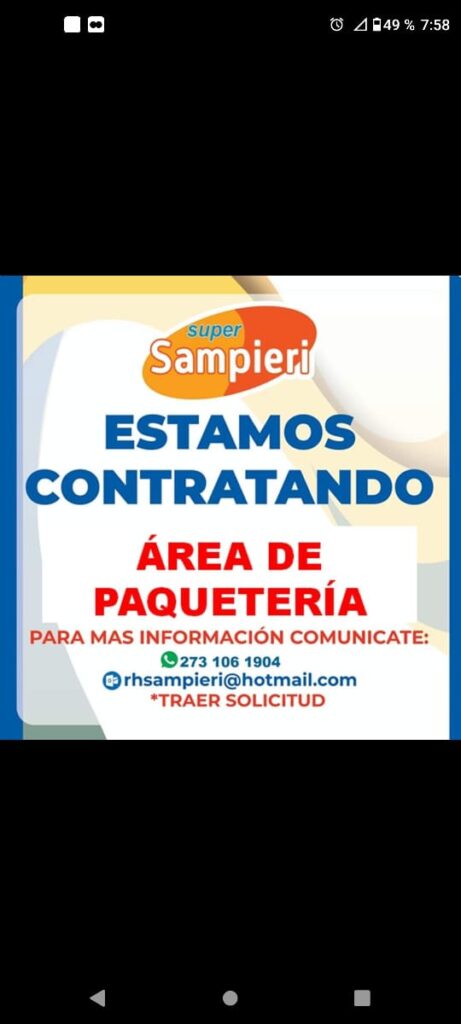 Súper Sampieri solicita personal para el Área de Paquetería