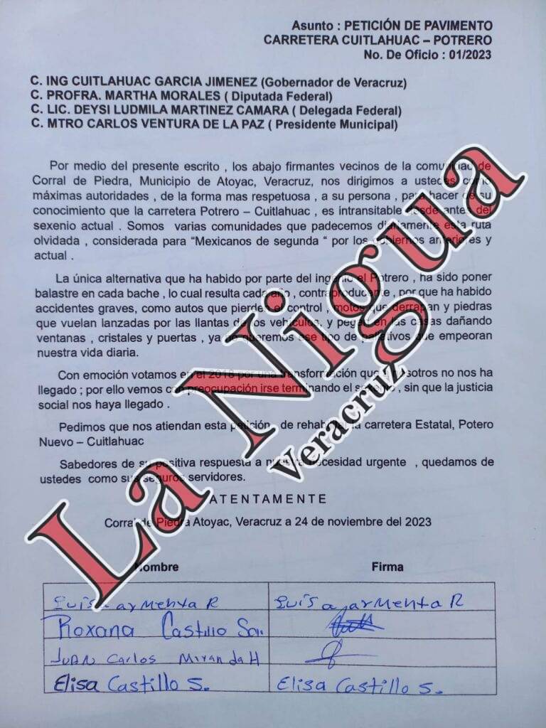 Carta abierta de los habitantes de Corral de Piedra, Atoyac, Ver que exigen carretera digna