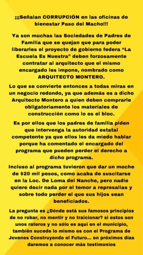 Señalan corrupción en Bienestar Paso del Macho.