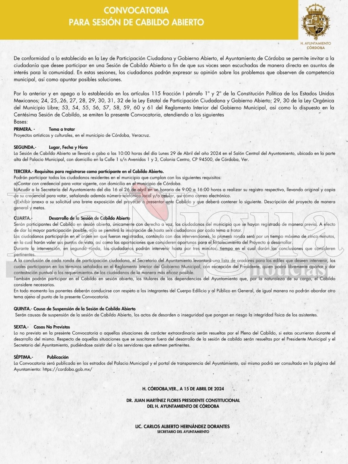 CONVOCATORIA PARA SESIÓN DE CABILDO ABIERTO