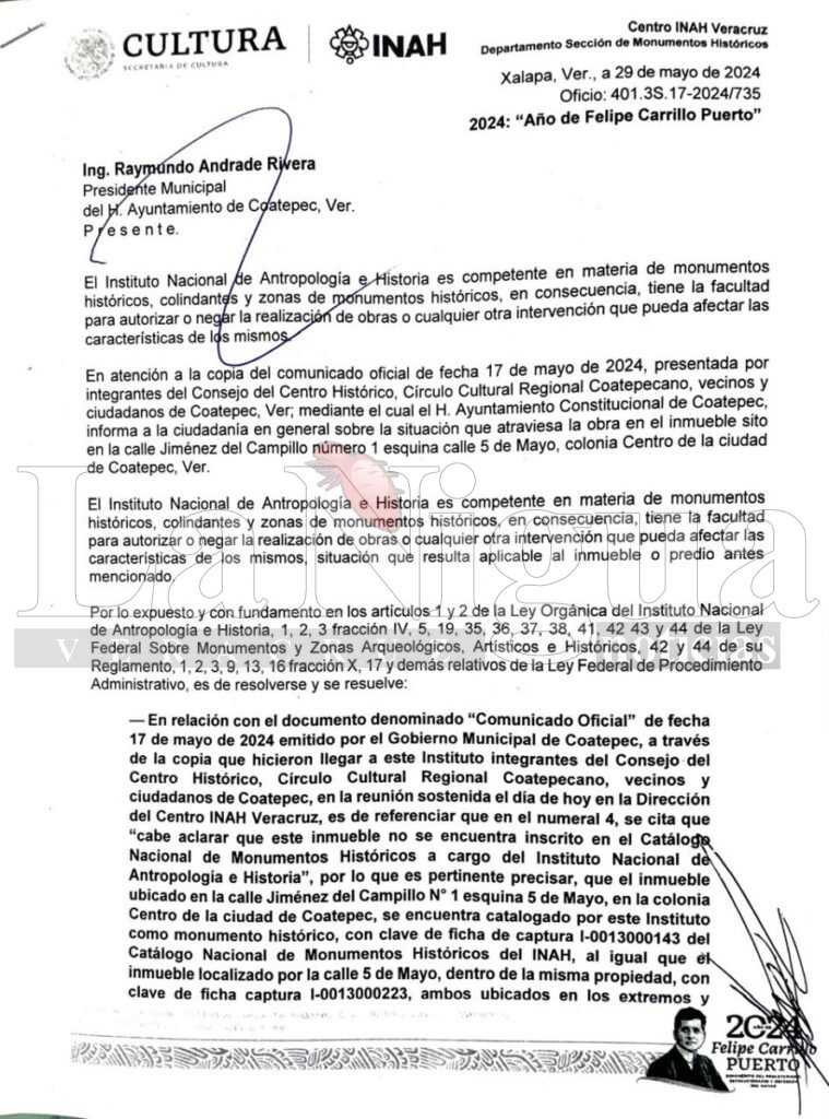 INAH Notifica al Ayuntamiento de Coatepec sobre Catalogación de Inmueble Histórico