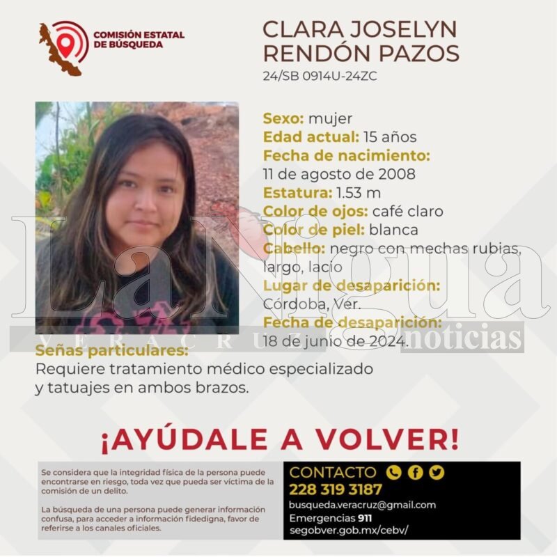 Desaparición de Menor de Edad en Córdoba: Solicitan Ayuda para Localizar a Clara Joselyn Rendón Pazos