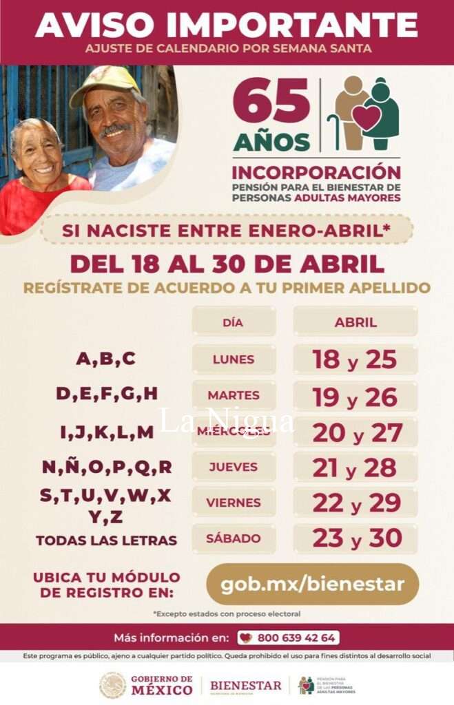 Comenzará este lunes incorporación de adultos mayores a la Pensión Bienestar