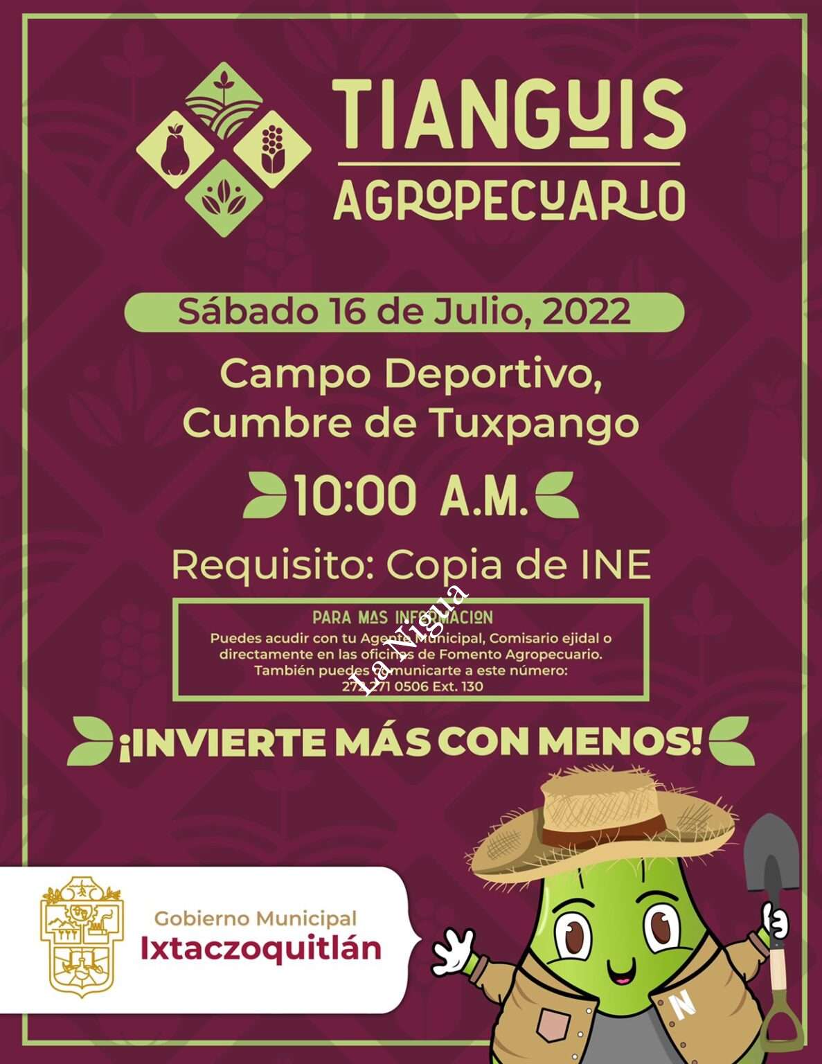El Presidente Municipal Nahúm Álvarez Pellico invita a los agricultores zoquitecos a participar al “TIANGUIS AGROPECUARIO” WhatsApp Image 2022 07 14 at 3.49.00 PM