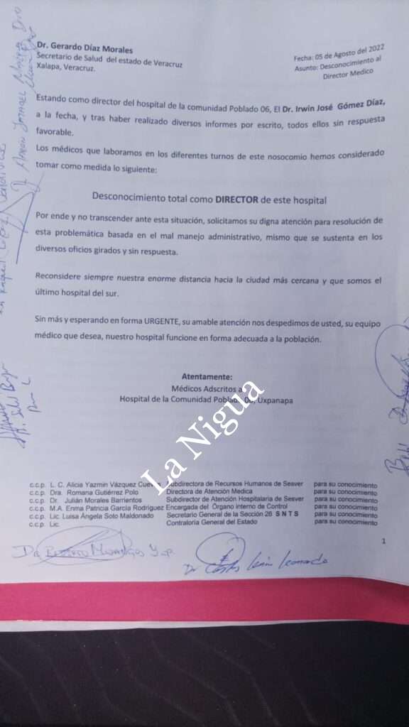 Doctores del Hospital Valle Uxpanapa desconocen a director  por mal manejo administrativo