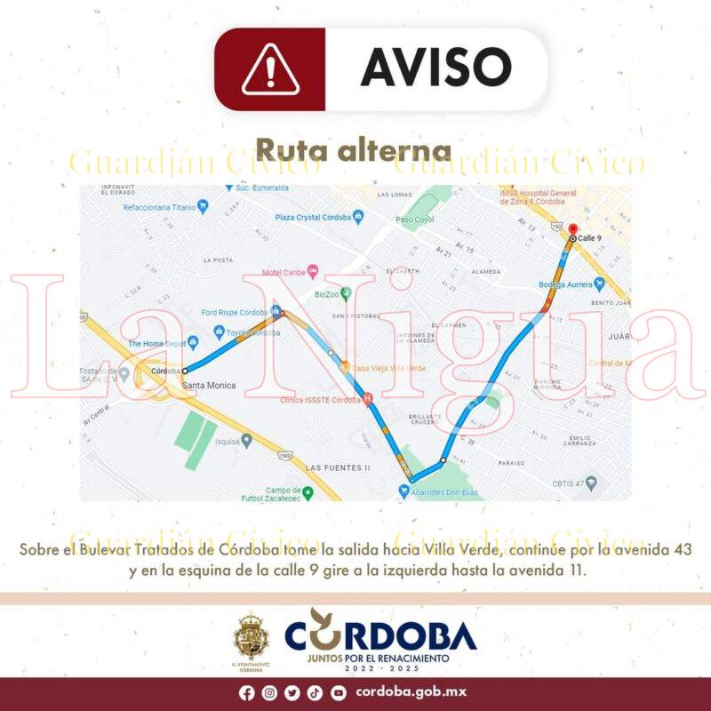 Permanecerá cerrado un carril del bulevar Tratados de Córdoba por obra pública