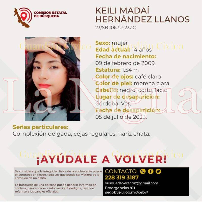 Keili Madaí Hernández Llanos, está desaparecida desde el 05 de julio