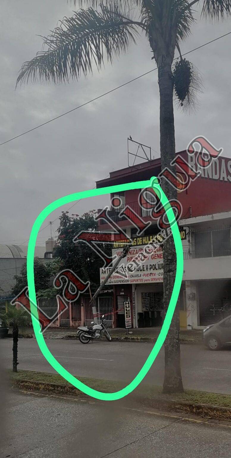 Poste de telefonía a punto de caer en la avenida 11