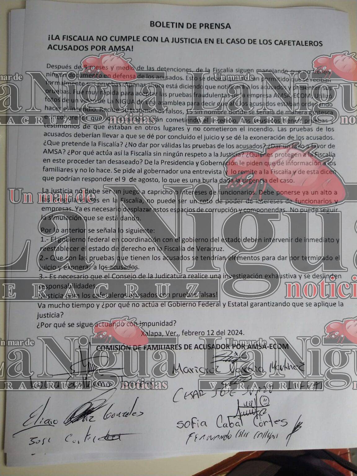 “FISCALÍA NO CUMPLE CON LA JUSTICIA EN EL CASO DE LOS CAFETALEROS ACUSADOS POR AMSA”