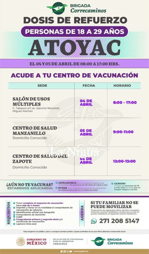Aplicarán en Atoyac dosis de refuerzo contra Covid a personas de 18 a 29 años